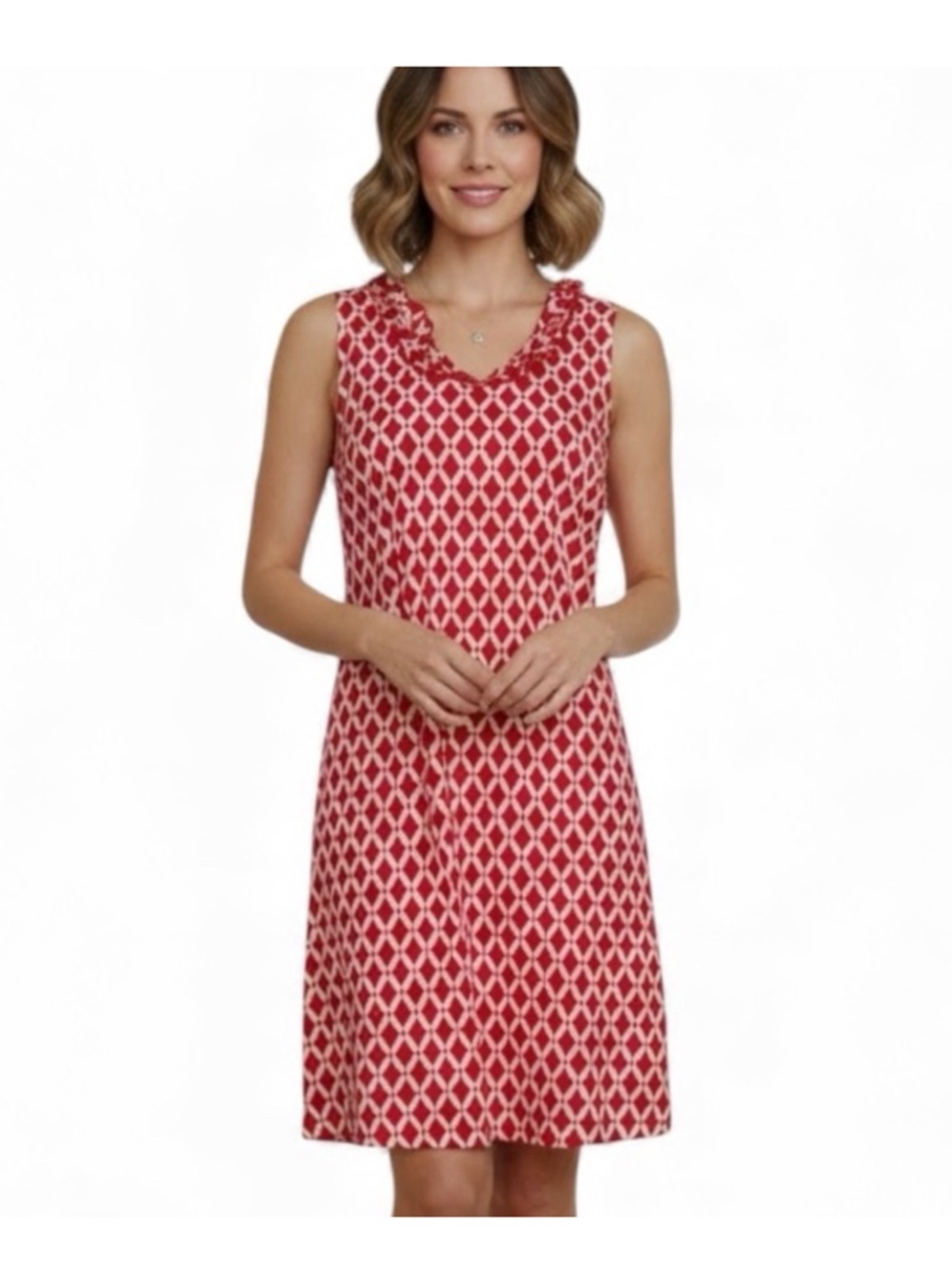 Talbots Size XL Sleeveless Knit Shift Dress Red White Print Ruffle Cotton